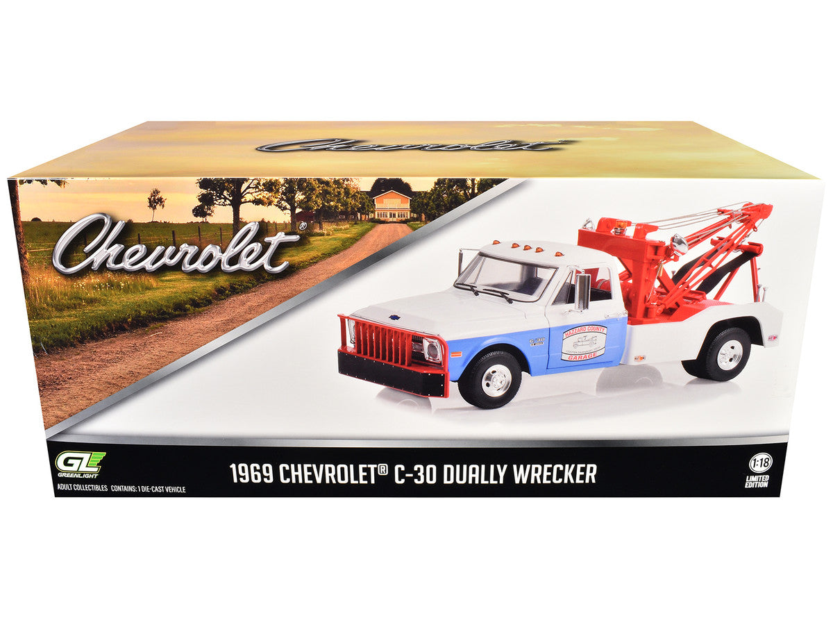 1969 Chevrolet C-30 Dually Wrecker Tow Truck White and Blue "Hazzard County Garage" 1/18 Diecast Model Car by Greenlight by Greenlight