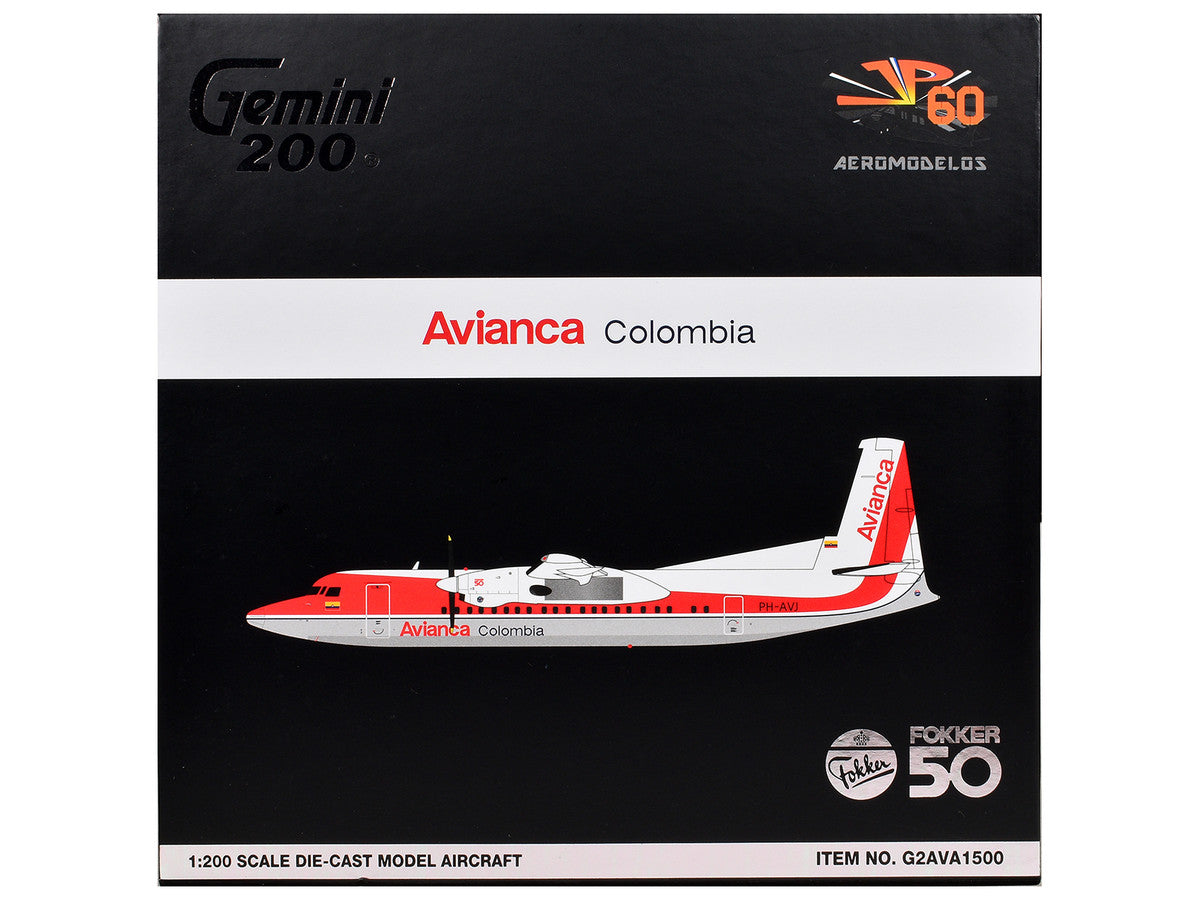 Fokker F50 Commercial Aircraft "Avianca Colombia" (PH-AVJ) White with Red Stripes "Gemini 200" Series 1/200 Diecast Model Airplane by GeminiJets by GeminiJets