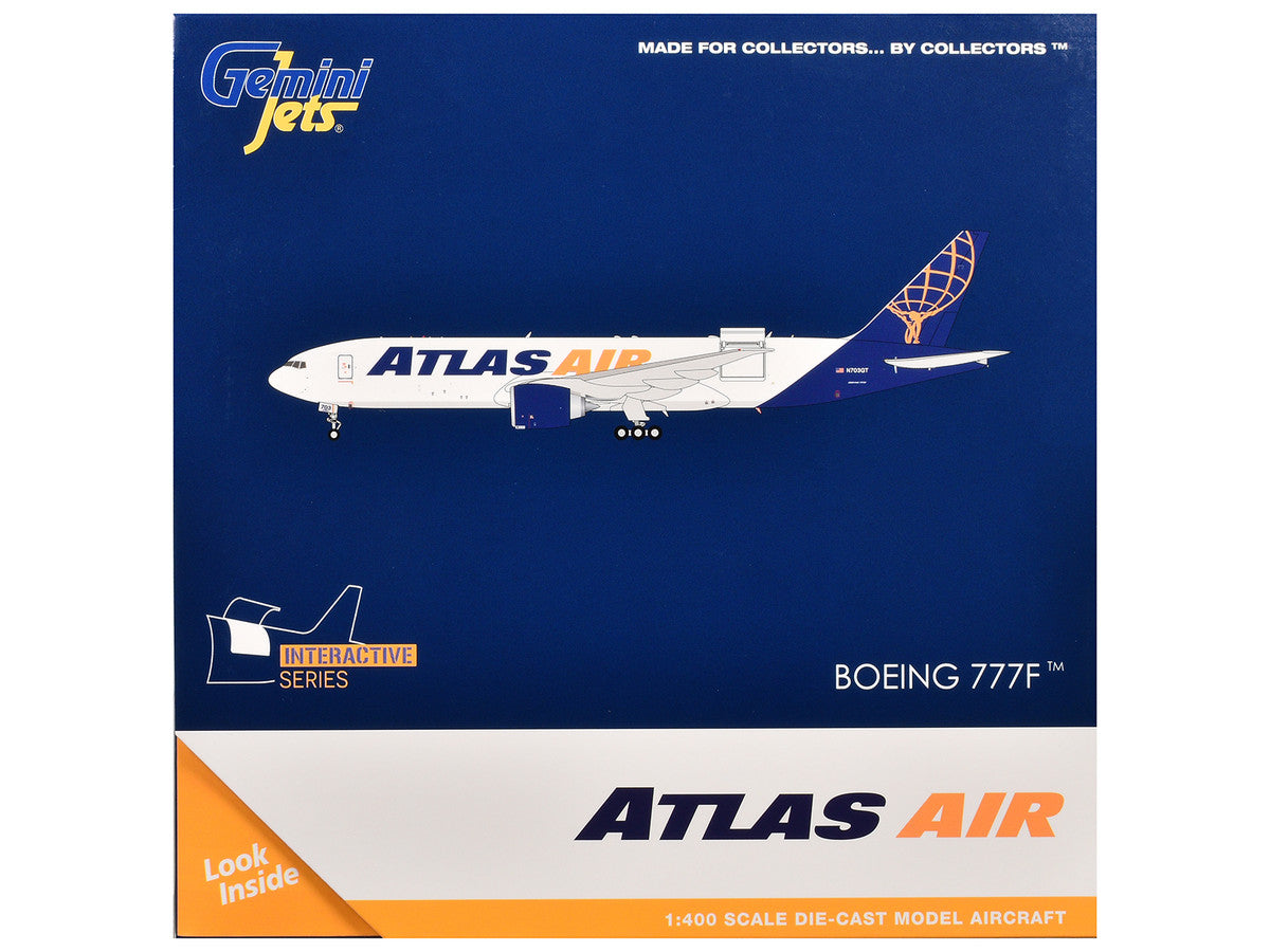 Boeing 777-200LRF Commercial Aircraft "Atlas Air" (N703GT) White with Blue Tail "Interactive Series" 1/400 Diecast Model Airplane by GeminiJets by GeminiJets
