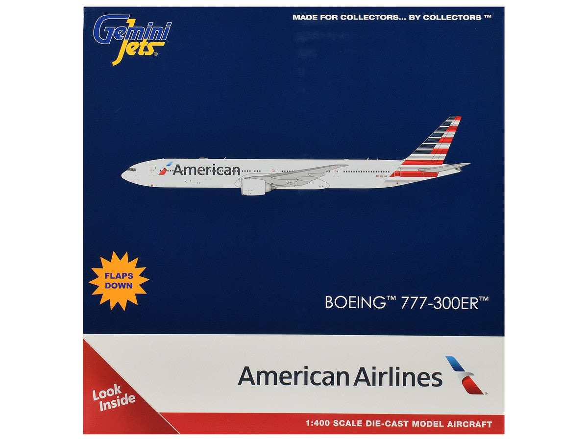 Boeing 777-300ER Commercial Aircraft with Flaps Down "American Airlines" (N722AN) Gray with Striped Tail 1/400 Diecast Model by GeminiJets by GeminiJets