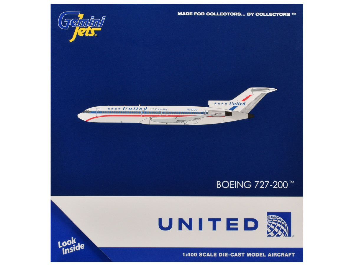 Boeing 727-200 Commercial Aircraft "United Airlines - Stars & Bars/Friend Ship" (N7620U) White with Red and Blue Stripes 1/400 Diecast Model Airplane by GeminiJets by GeminiJets