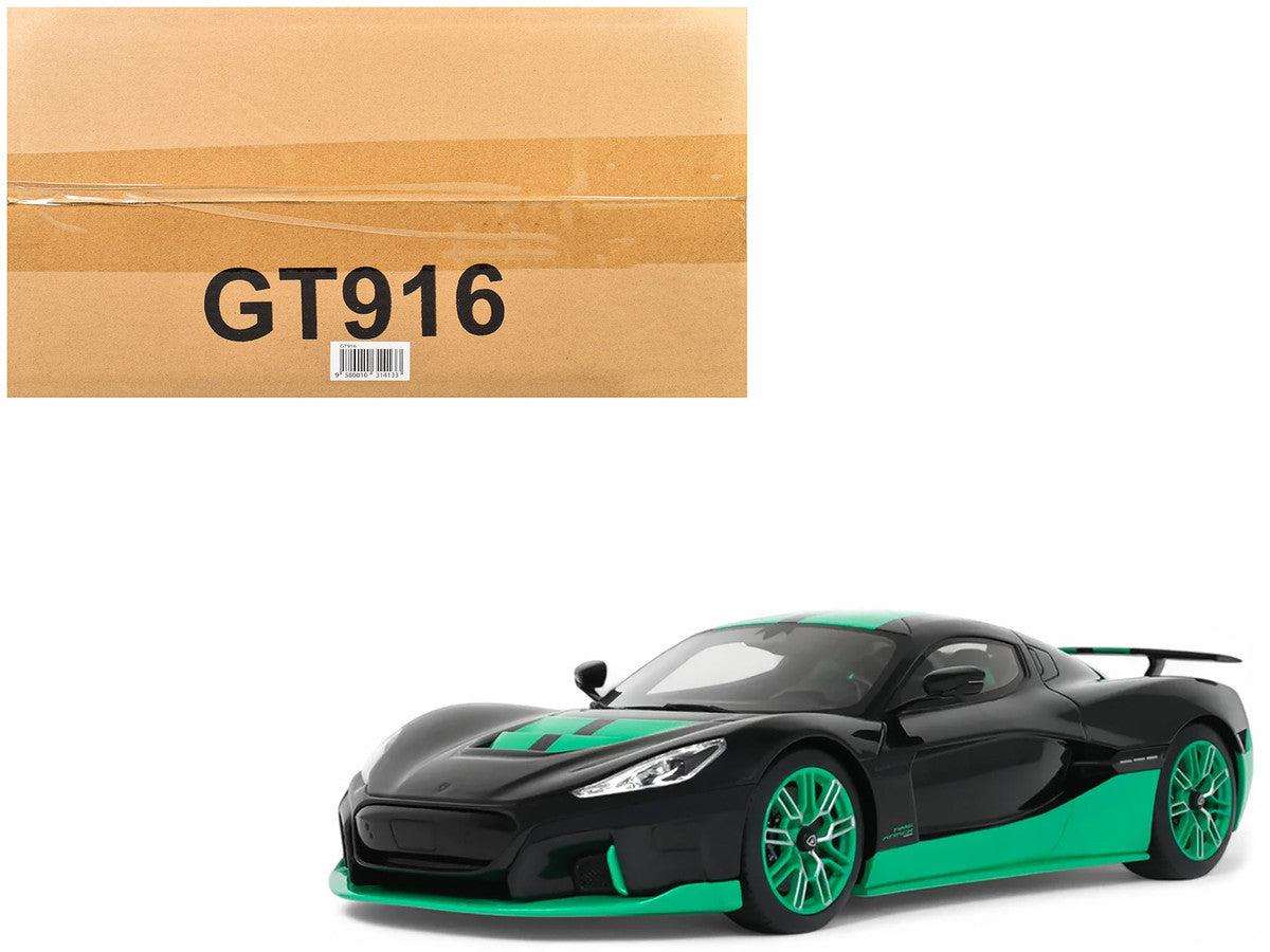 2023 Rimac Nevera Black with Green Stripes 1/18 Model Car by GT Spirit by GT Spirit