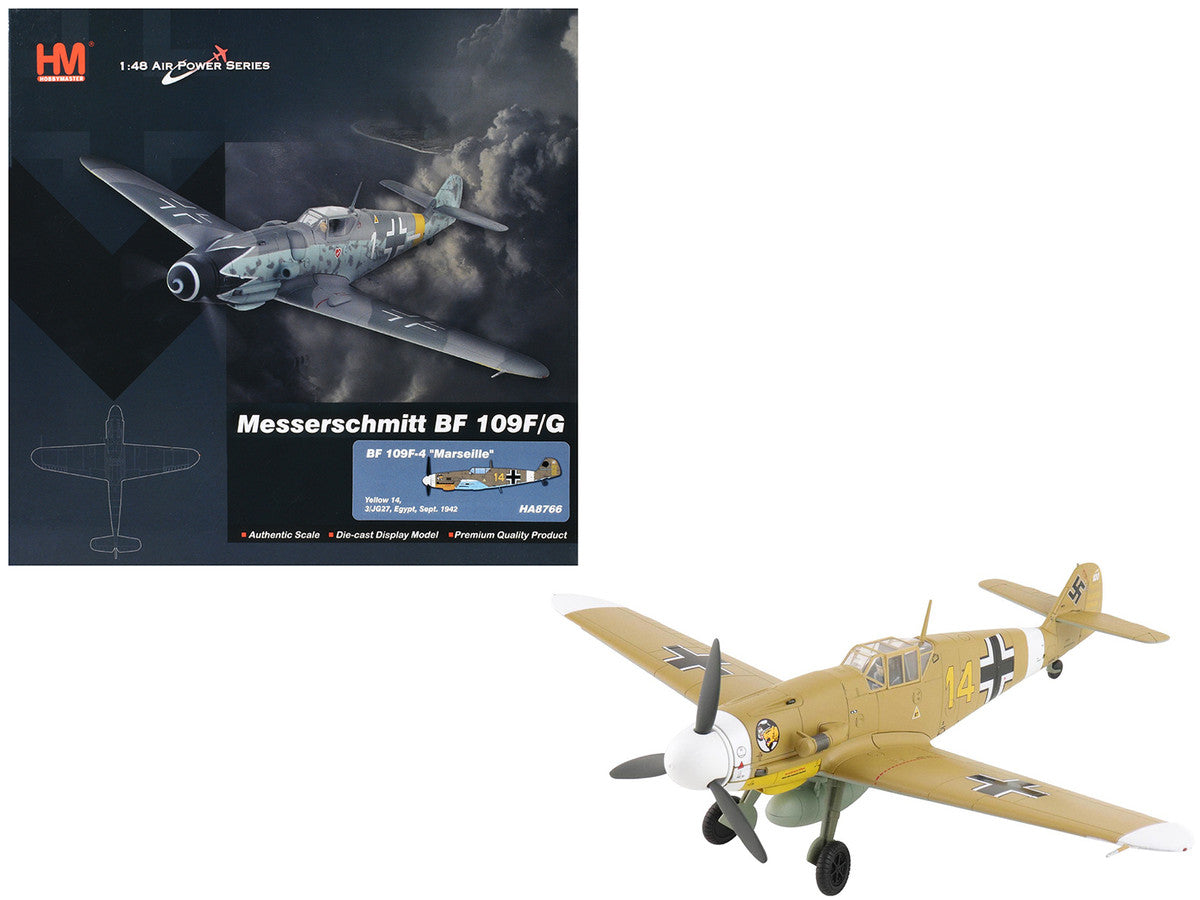 Messerschmitt Bf 109F-4 Fighter Aircraft "Marseille Yellow 14 3./JG27 Egypt" (1942) German Luftwaffe "Air Power Series" 1/48 Diecast Model by Hobby Master by Hobby Master