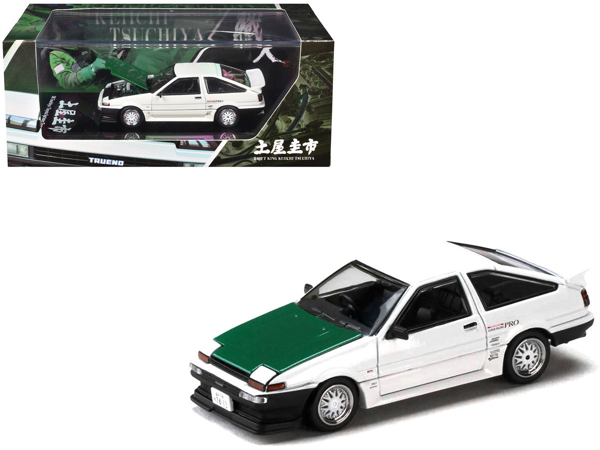 Toyota Sprinter Trueno (AE86) RHD (Right Hand Drive) "Keiichi Tsuchiya - Dori Dori Mesh Wheels" White with Green Carbon Hood 1/64 Diecast Model Car by Hobby Japan by Hobby Japan