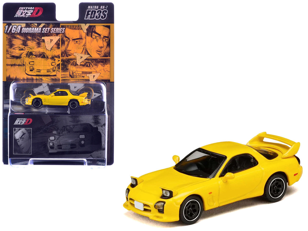 Mazda RX-7 (FD3S) RHD (Right Hand Drive) Yellow "Initial D" (1995-2013) Manga "Diorama Set Series" 1/64 Diecast Model Car by Hobby Japan by Hobby Japan