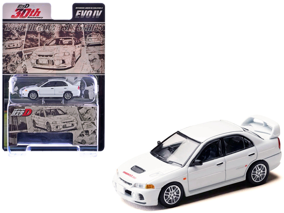 Mitsubishi Lancer RS Evolution IV RHD (Right Hand Drive) "MonStar" White "Initial D" (1995-2013) Manga "Diorama Set Series" 1/64 Diecast Model car by Hobby Japan by Hobby Japan