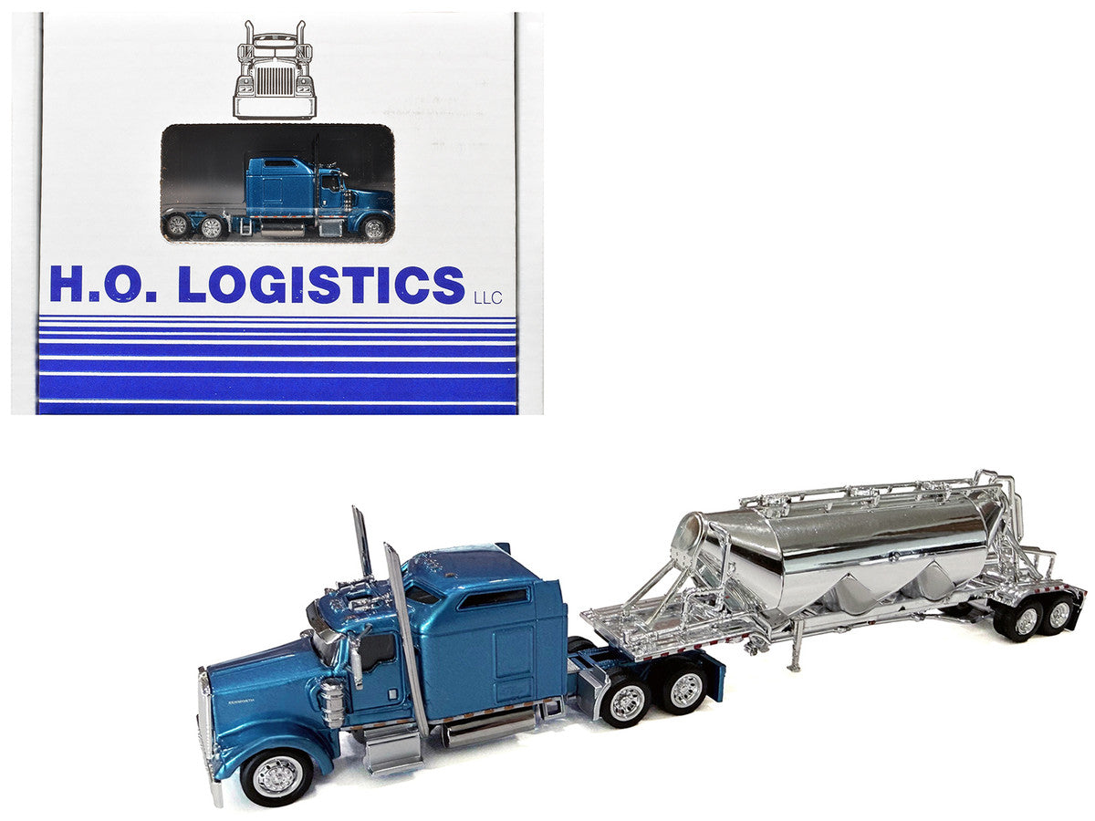Kenworth W900L Truck Tractor with Sleeper Cab Blue Metallic and Pneumatic Tank Trailer Combo Set 1/87(HO) Plastic Model Car by HO Logistics by HO Logistics Replicas