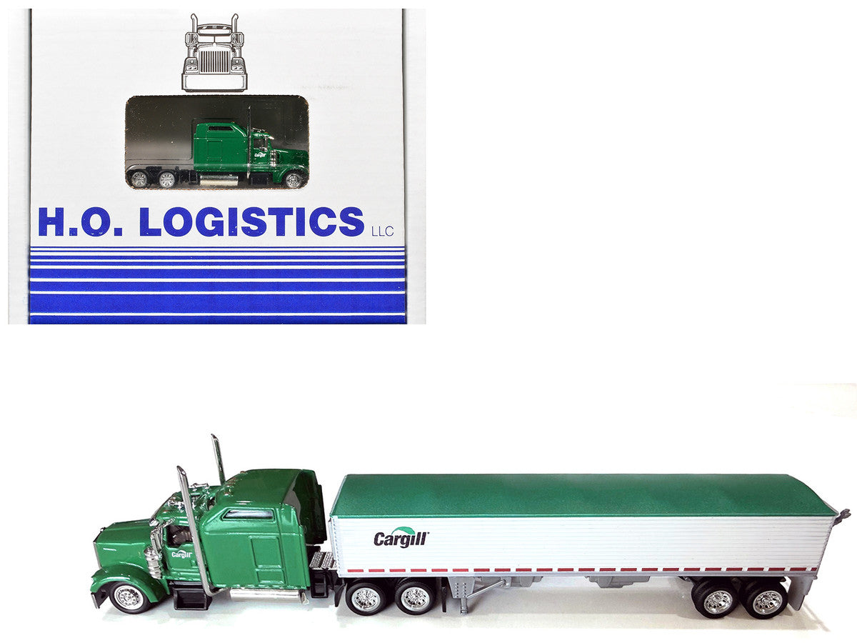Kenworth W900L Truck Tractor with Sleeper Cab "Cargill" Green and Covered Grain Trailer White with Green Tarp Combo Set 1/87 (HO) Plastic Model Car by HO Logistics by HO Logistics Replicas