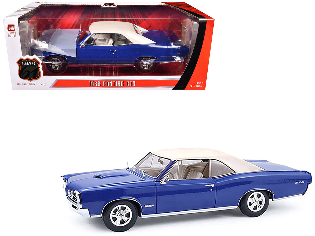 1966 Pontiac GTO Barrier Blue with White Top and Interior 1/18 Diecast Model Car by Highway 61 by Highway 61