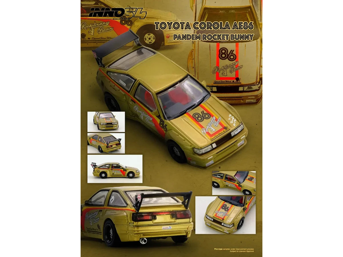 Toyota Levin (AE86) RHD (Right Hand Drive) #86 "Pandem Rocket Bunny" Gold Metallic with Stripes 1/64 Diecast Model Car by Inno Models by Inno Models