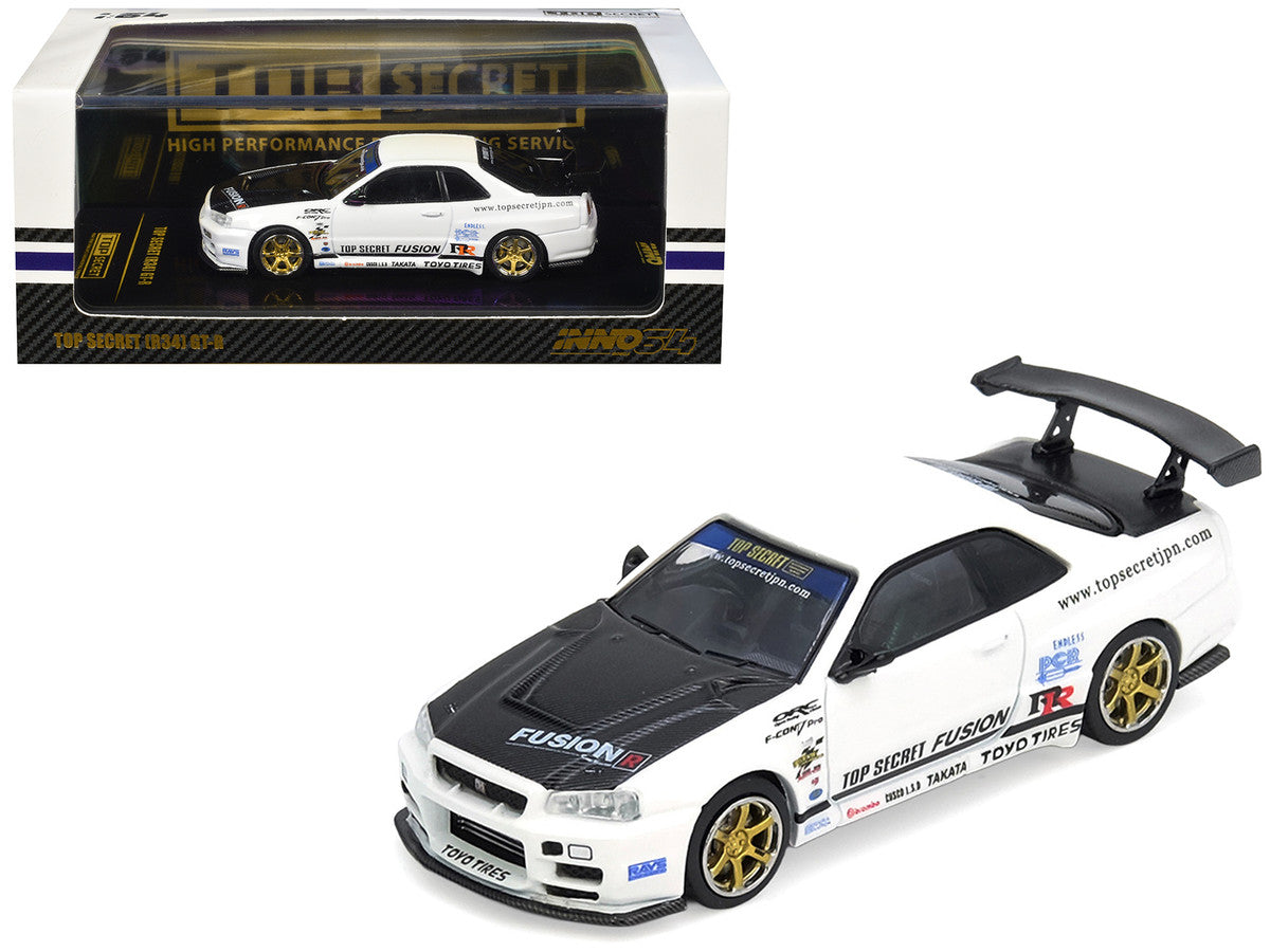 Nissan Skyline GT-R (R34) "Top Secret" RHD (Right Hand Drive) White with Carbon Hood 1/64 Diecast Model Car by Inno Models by Inno Models