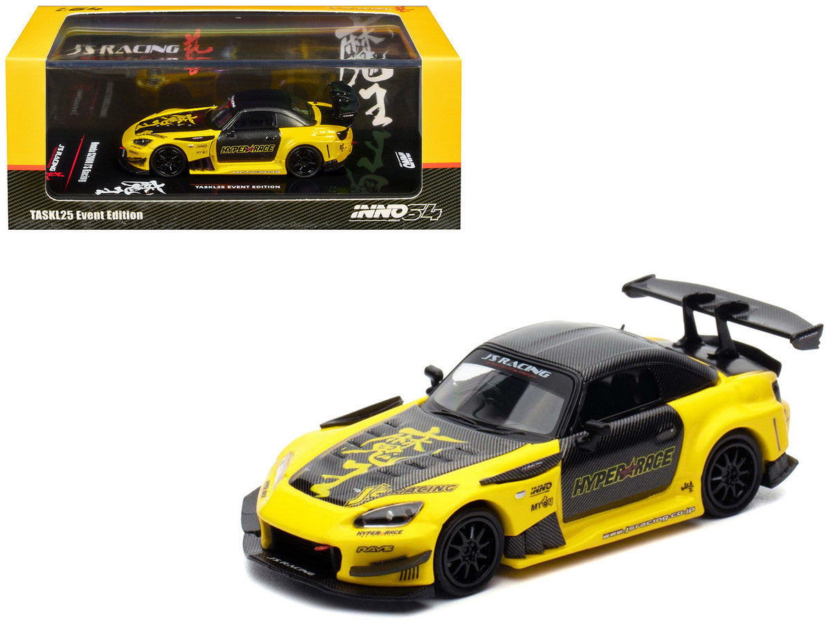 Honda S2000 RHD (Right Hand Drive) "J's Racing" Yellow with Carbon Hood and Top with Graphics "Tokyo Auto Salon Kuala Lumpur 2025 Event Edition" 1/64 Diecast Model Car by Inno Models by Inno Models