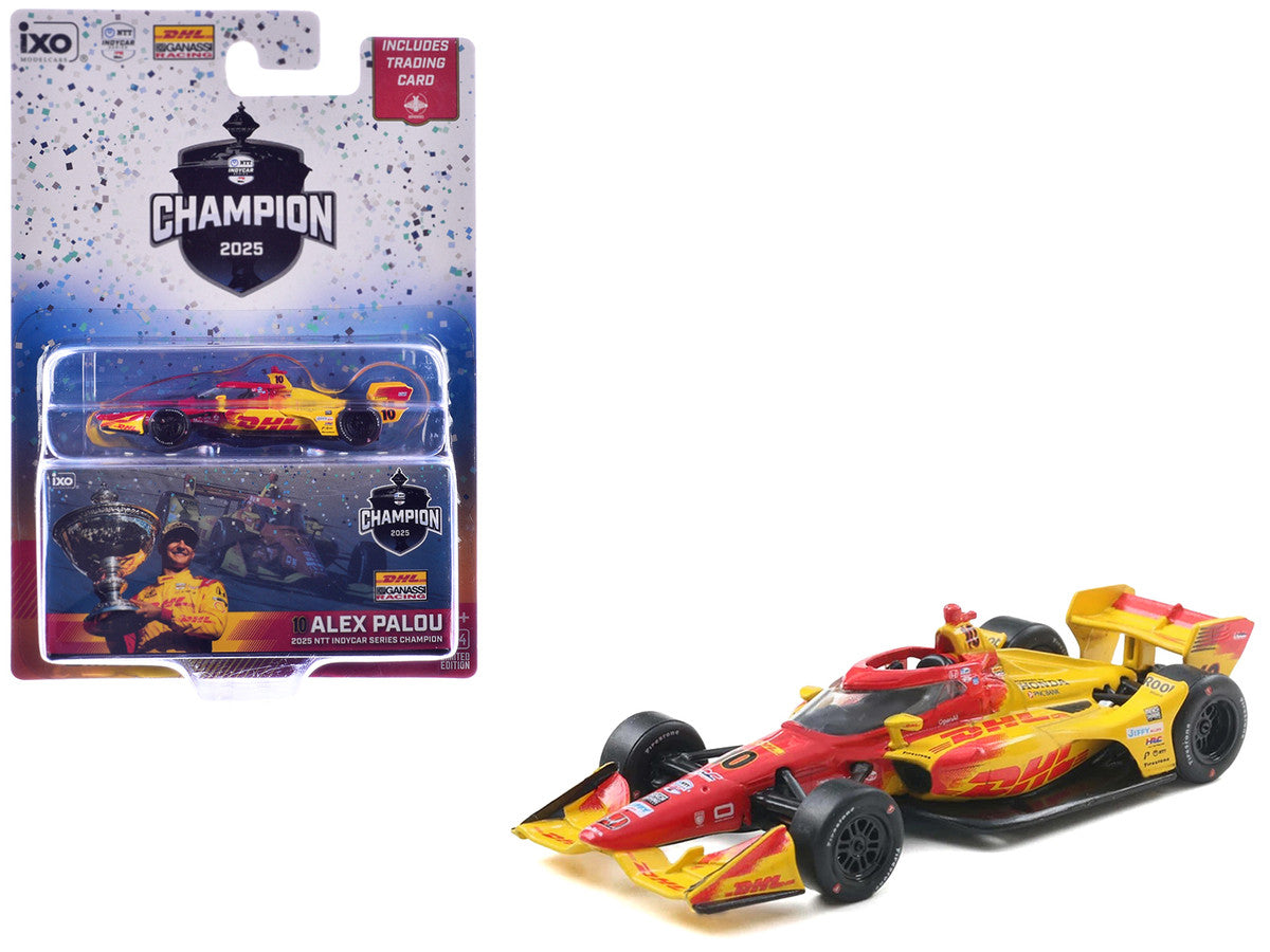 Dallara IndyCar #10 Alex Palou "DHL" Chip Ganassi Racing (Road Course Configuration) Champion "NTT IndyCar Series" (2025) with Trading Card 1/64 Diecast Model Car by IXO Models by IXO