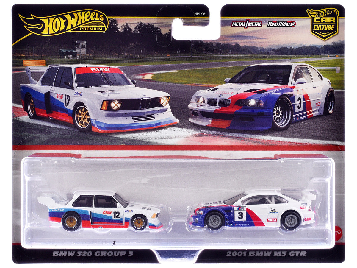 BMW 320 Group 5 #12 White with Stripes and 2001 BMW M3 GTR #3 White with Stripes "Car Culture" Set of 2 Cars Diecast Model Cars by Hot Wheels by Hotwheels