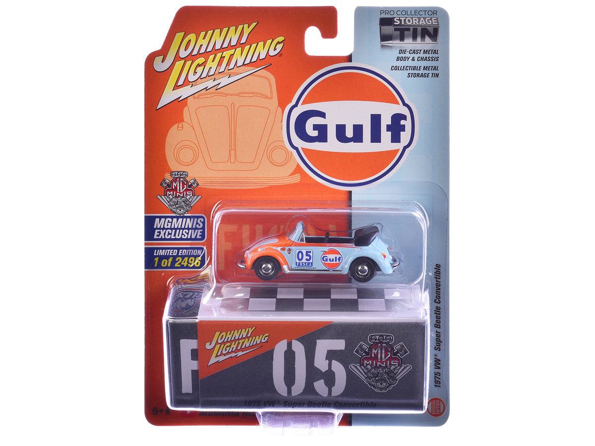 1975 Volkswagen Super Beetle Convertible #05 "Gulf Oil" Light Blue and Orange "MGMinis Exclusive" Series Limited Edition to 2496 pieces Worldwide 1/64 Diecast Model Car by Johnny Lightning by Johnny Lightning