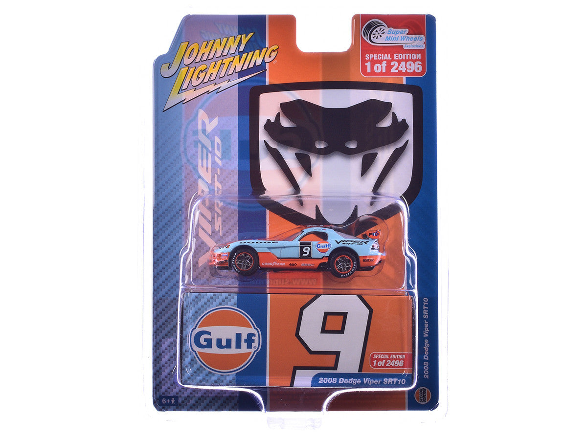 2008 Dodge Viper SRT10 #9 "Gulf Oil" Light Blue and Orange Limited Edition to 2496 pieces Worldwide 1/64 Diecast Model Car by Johnny Lightning by Johnny Lightning