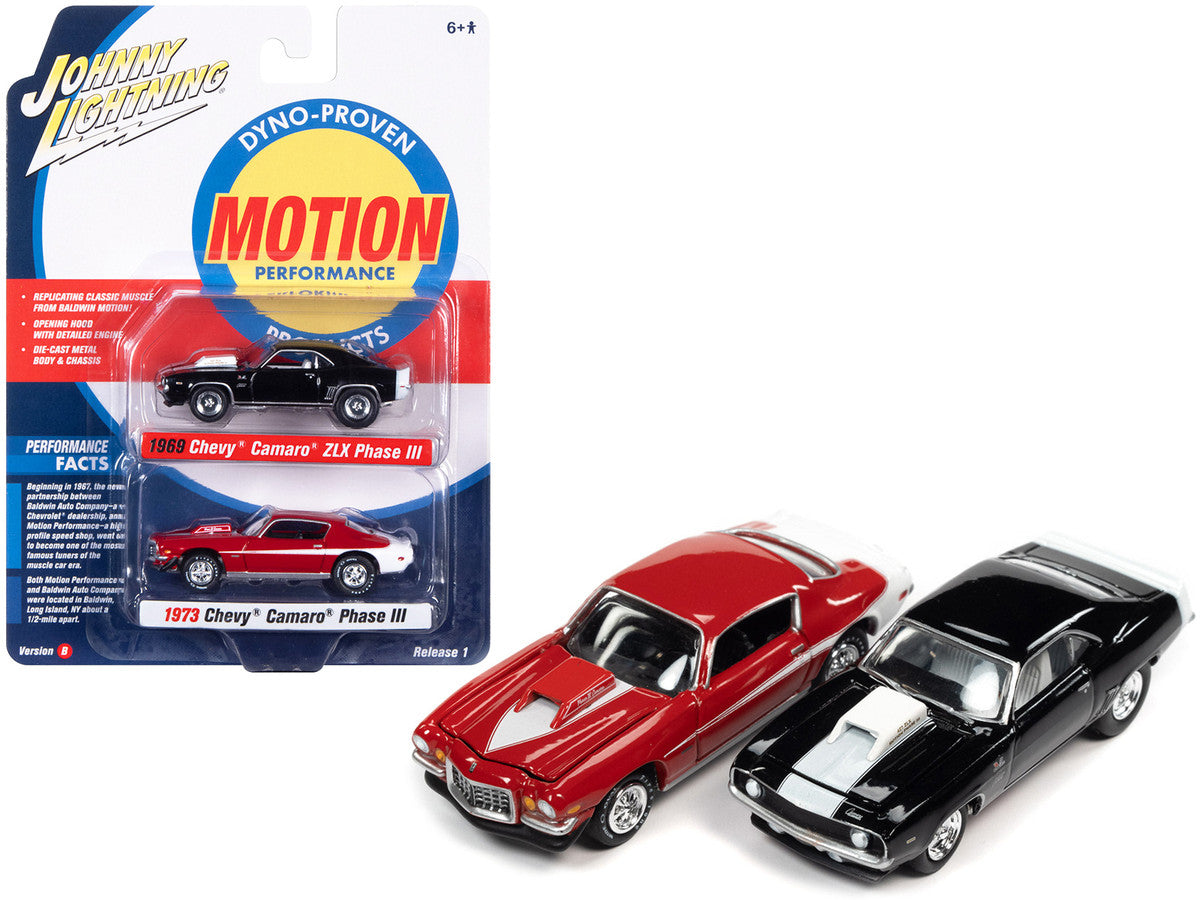 1969 Chevrolet Camaro ZLX Phase III Black with White Stripes and 1973 Chevrolet Camaro Phase III Medium Red and White "Baldwin Motion" Set of 2 Cars 1/64 Diecast Model Cars by Johnny Lightning by Autoworld