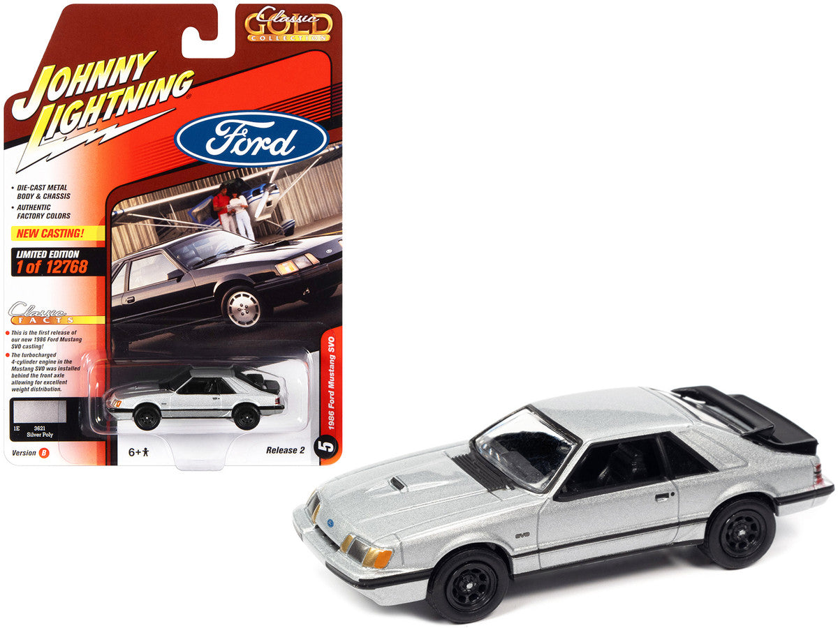 1986 Ford Mustang SVO Silver Metallic with Black Stripes "Classic Gold Collection" Series Limited Edition to 12768 pieces Worldwide 1/64 Diecast Model Car by Johnny Lightning by Johnny Lightning
