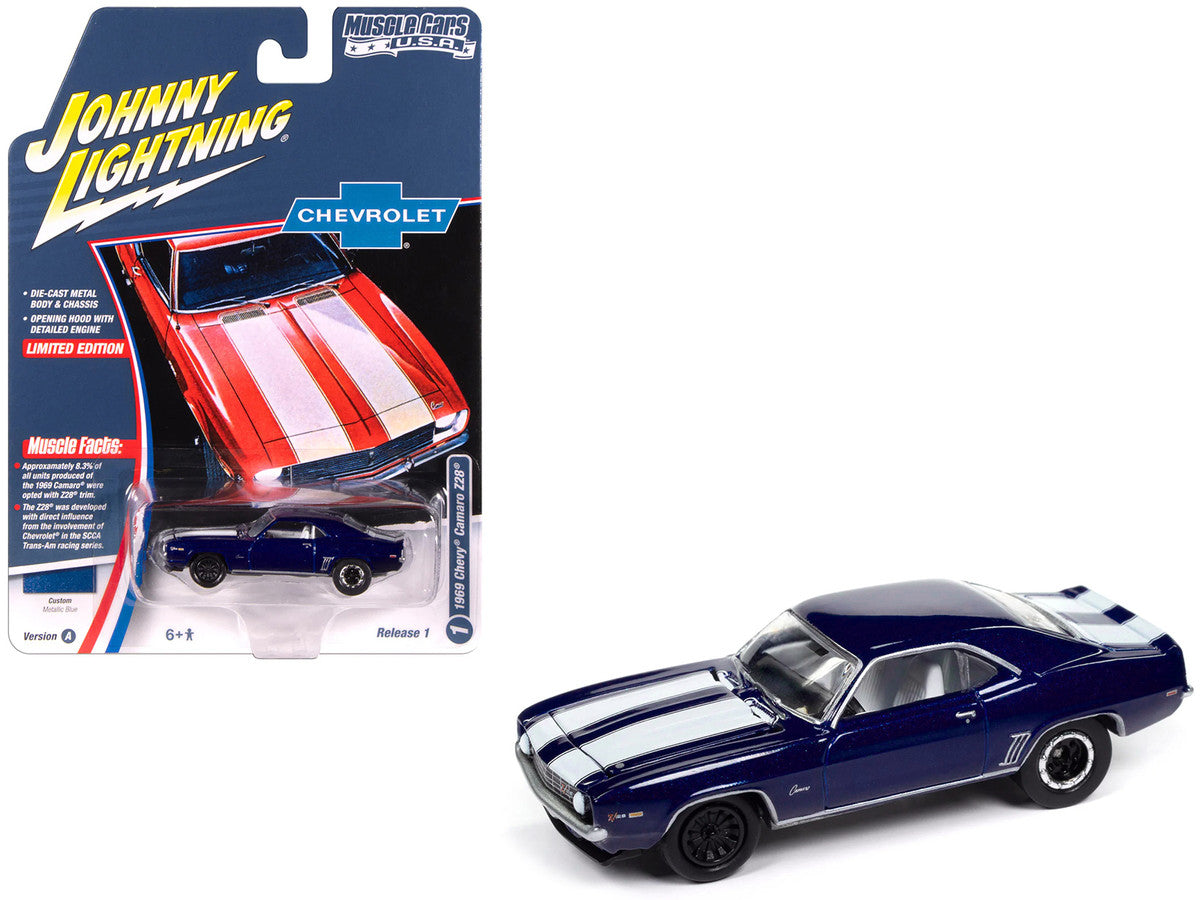 1969 Chevrolet Camaro Z28 Blue Metallic with White Stripes and Interior "Muscle Cars USA" Series 1/64 Diecast Model Car by Johnny Lightning by Johnny Lightning