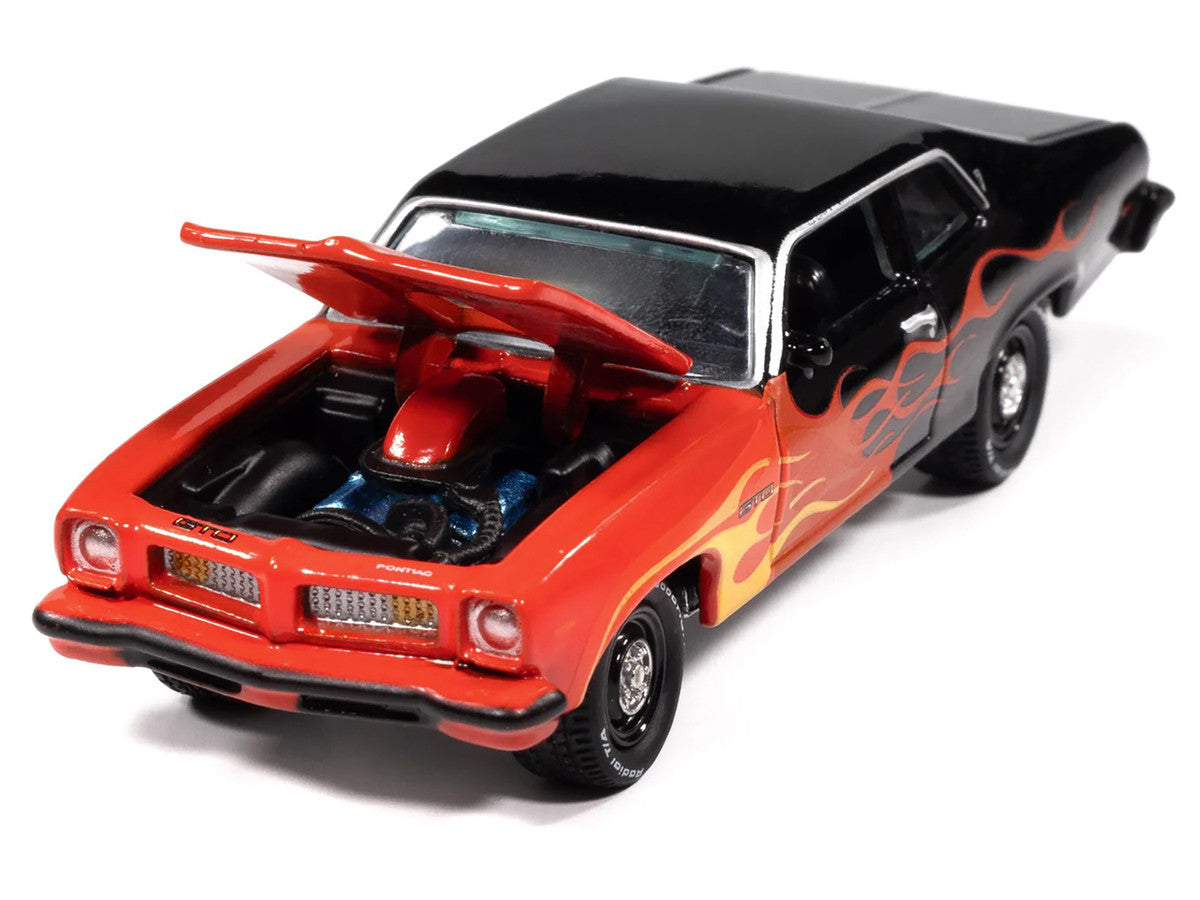 1974 Pontiac GTO Black and Red with Flame Graphics "Black with Flames" Series 1/64 Diecast Model Car by Johnny Lightning by Johnny Lightning