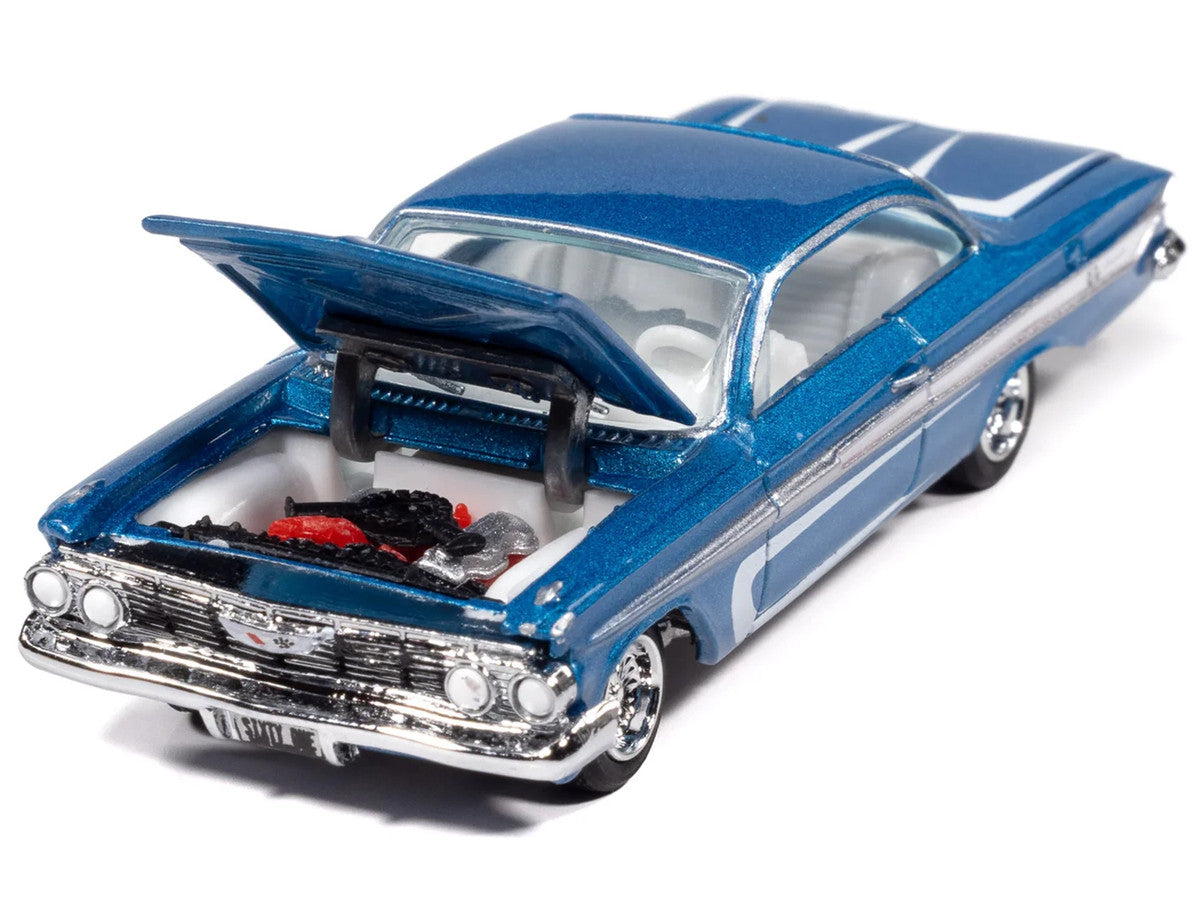 1961 Chevrolet Impala SS 409 Blue Metallic with White Stripes and Interior "Scrapin'" Series 1/64 Diecast Model Car by Johnny Lightning by Johnny Lightning