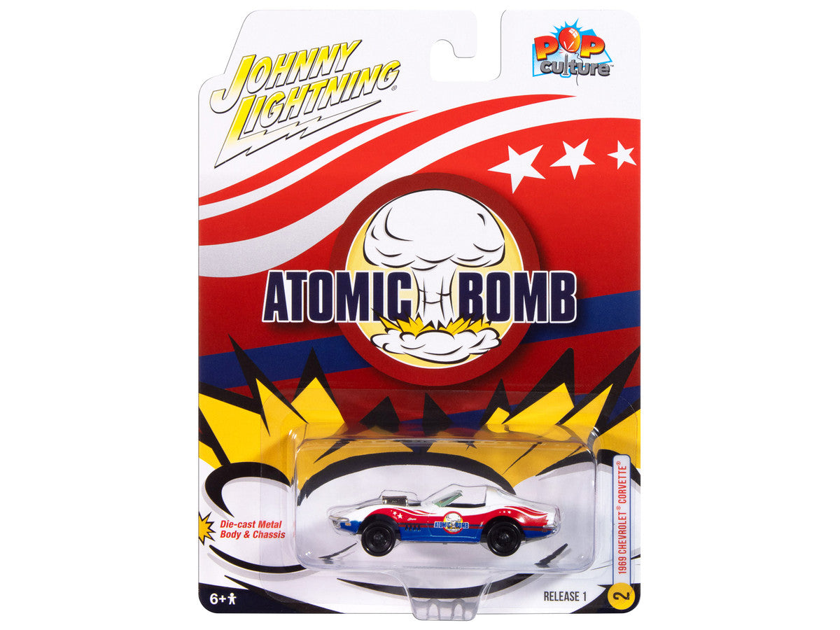 1969 Chevrolet Corvette "Atomic Bomb" White with Red and Blue Graphics "Stuntman Mike's Ride Along Racing" "Pop Culture" 2025 Release 1 1/64 Diecast Model Car by Johnny Lightning by Johnny Lightning