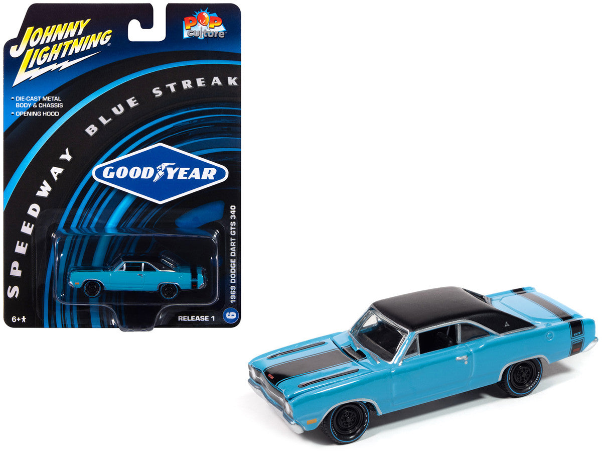 1969 Dodge Dart GTS 340 Blue with Black Top and Stripes "Goodyear Blue Streak" "Pop Culture" 2025 Release 1 1/64 Diecast Model Car by Johnny Lightning by Johnny Lightning