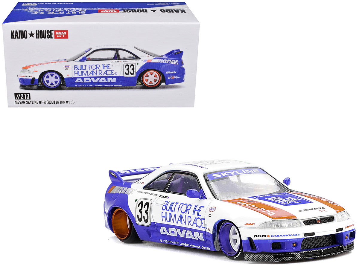 Nissan Skyline GT-R (R33) RHD (Right Hand Drive) #33 "BFTHR V1" Blue and White with Graphics (Designed by Jun Imai) "Kaido House" Special 1/64 Diecast Model Car by Mini GT by Mini GT