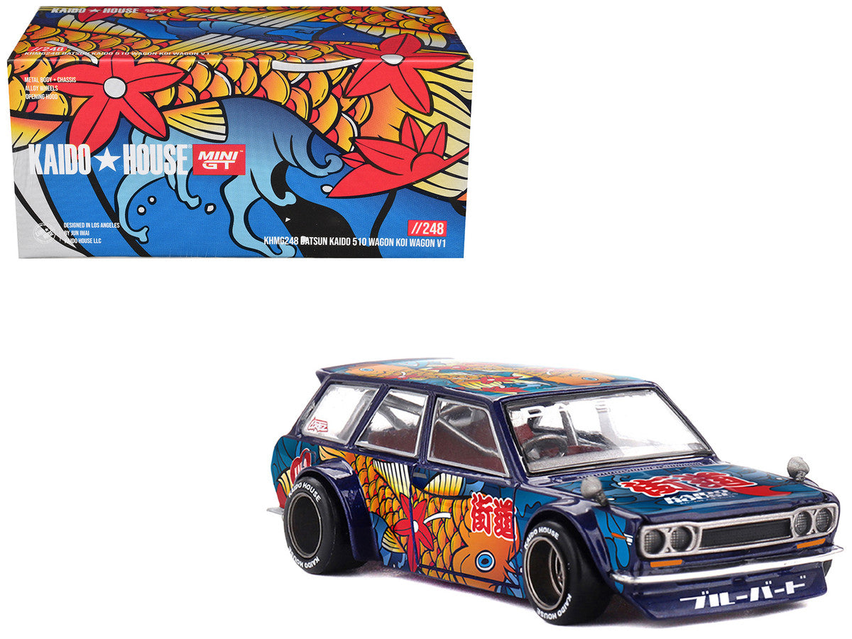 Datsun Kaido 510 Wagon RHD (Right Hand Drive) "Koi Wagon V1" Blue with Koi Fish Graphics (Designed by Jun Imai) "Kaido House" Special 1/64 Diecast Model Car by Mini GT-4