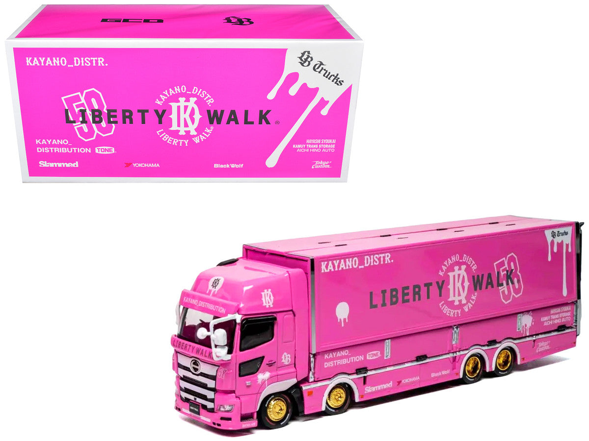 Hino 700 Transporter RHD (Right Hand Drive) "LB-Trucks - Kayano_Distr." Pink Metallic with Graphics 1/64 Diecast Model by GCD by GCD