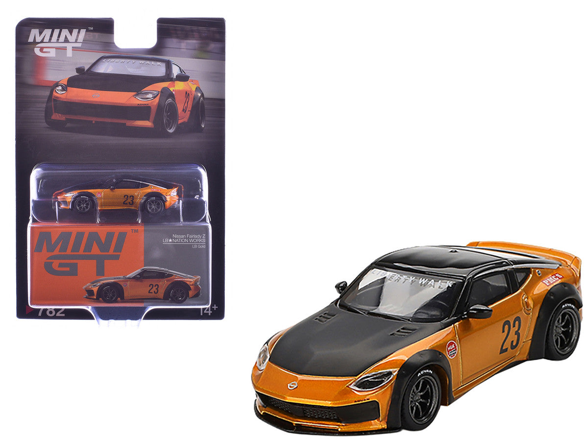 Nissan Fairlady Z #23 "LB-NATION WORKS" LB Gold Metallic with Matt Black Hood and Black Top Limited Edition 1/64 Diecast Model Car by Mini GT by Mini GT