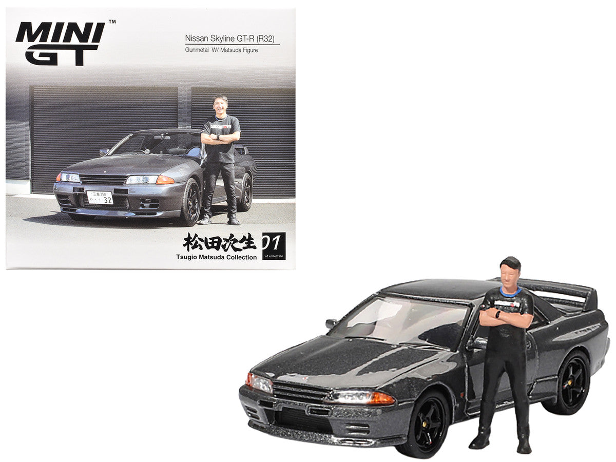 Nissan Skyline GT-R (R32) RHD (Right Hand Drive) Gunmetal Gray Metallic with Tsugio Matsuda Figure Limited Edition 1/64 Diecast Model Car by Mini GT by Mini GT