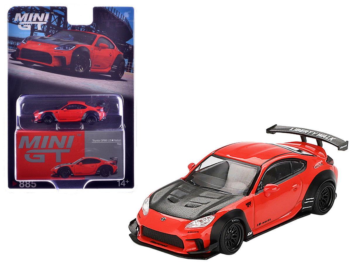 Toyota GR86 "LB-Nation - Liberty Walk" Red with Carbon Hood Limited Edition 1/64 Diecast Model Car by Mini GT by Mini GT