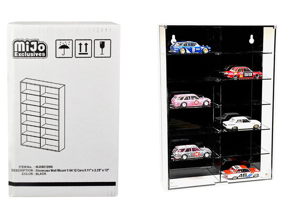 Showcase 12 Car Display Case Wall Mount with Black Back Panel "Mijo Exclusives" for 1/64 Scale Models by Other