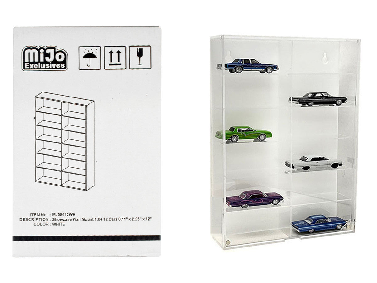 Showcase 12 Car Display Case Wall Mount with White Back Panel "Mijo Exclusives" for 1/64 Scale Models by Other
