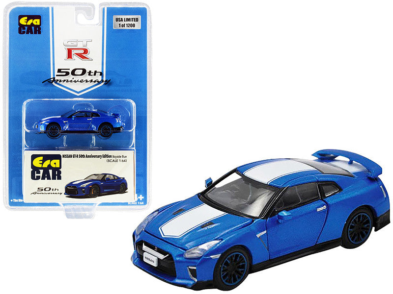 Nissan GT-R RHD (Right Hand Drive) Bayside Blue with White Stripe "50th Anniversary Edition" Limited Edition to 1200 pieces 1/64 Diecast Model Car by Era Car by Era Car