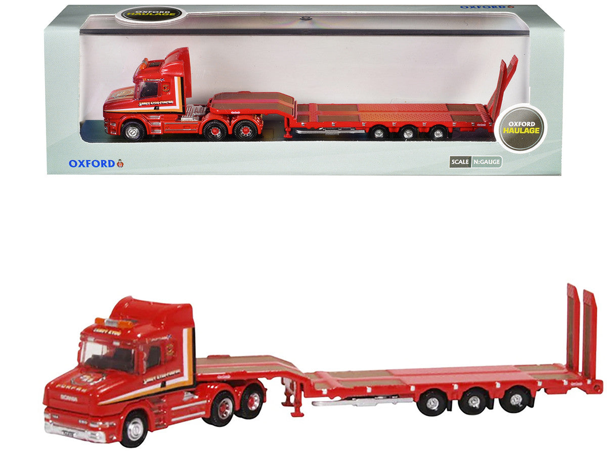 Scania T-Cab Truck RHD (Right Hand Drive) with Lowboy Trailer "Sandy Kydd" Red with Stripes 1/148 (N) Scale Diecast Model Car by Oxford Diecast by Oxford Diecast