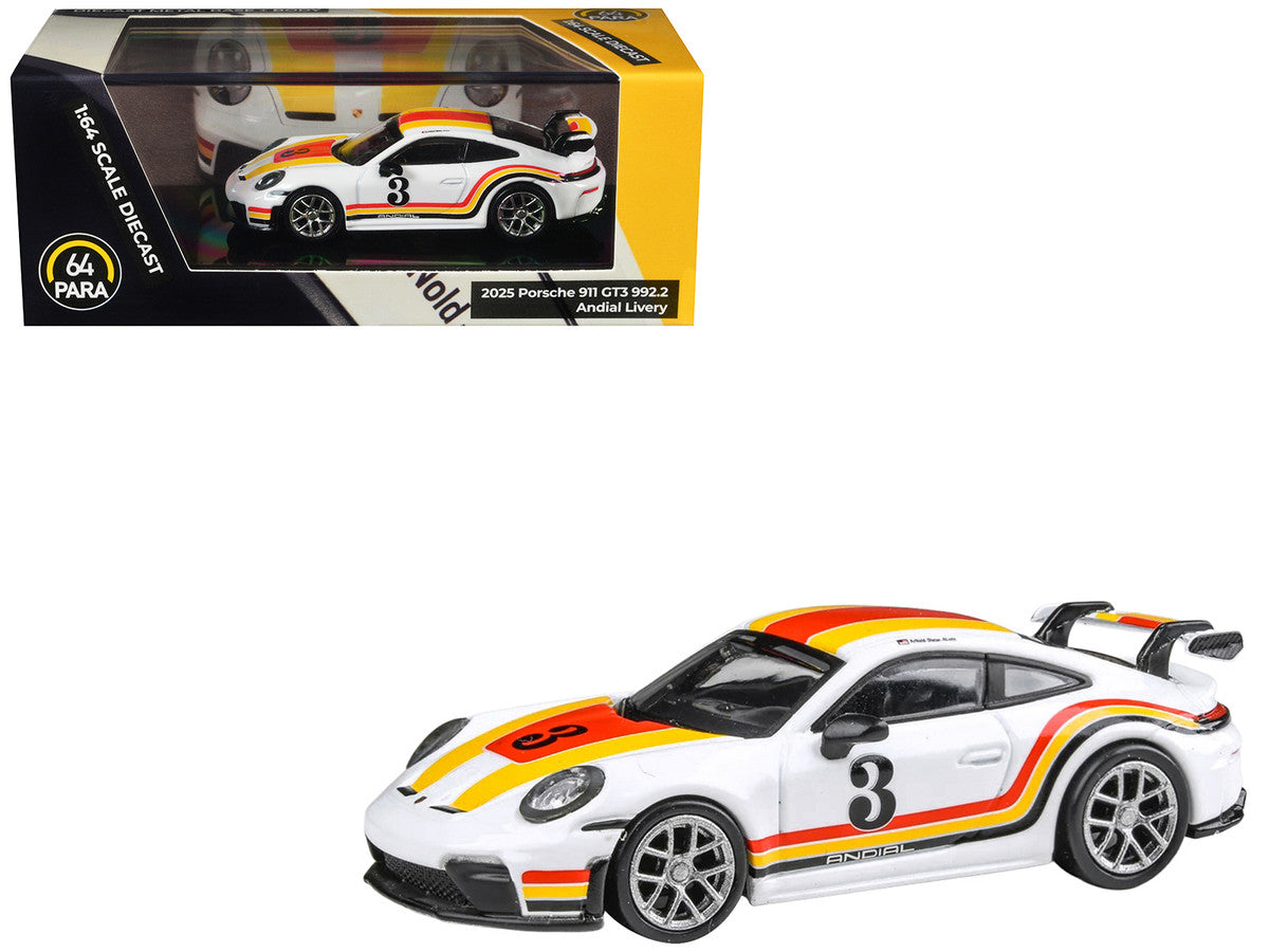 2025 Porsche 911 GT3 (992.2) #3 "Andial Livery" White with Stripes 1/64 Diecast Model Car by Paragon Models by Paragon