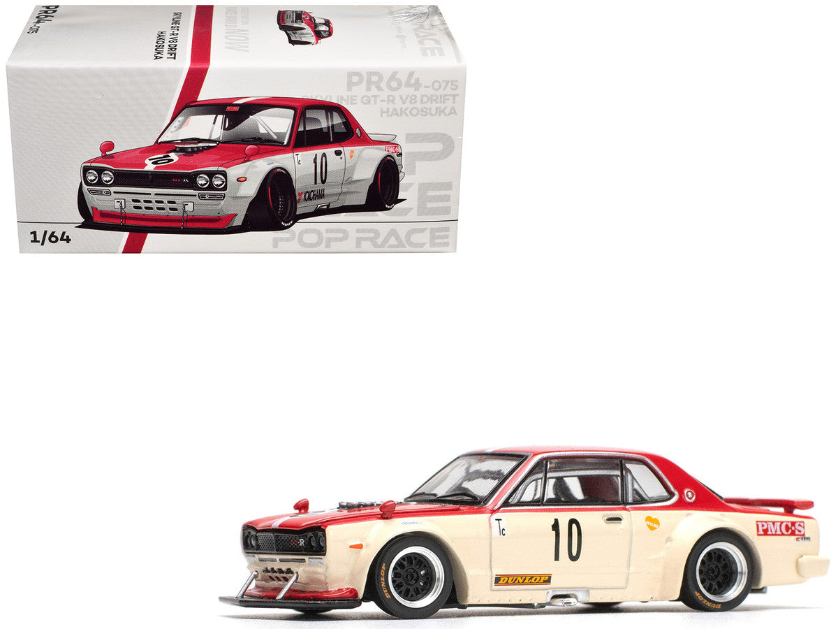 Skyline GT-R V8 Drift "Hakosuka" RHD (Right Hand Drive) #10 "Watanabe" Red and Cream 1/64 Diecast Model Car by Pop Race by Pop Race