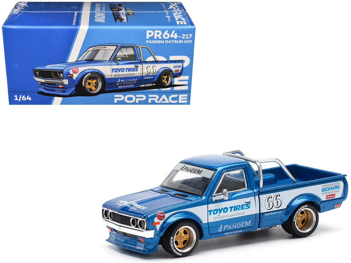 Datsun Pandem 620 Pickup Truck #66 Blue Metallic with White Stripes and Graphics 1/64 Diecast Model Car by Pop Race by Pop Race