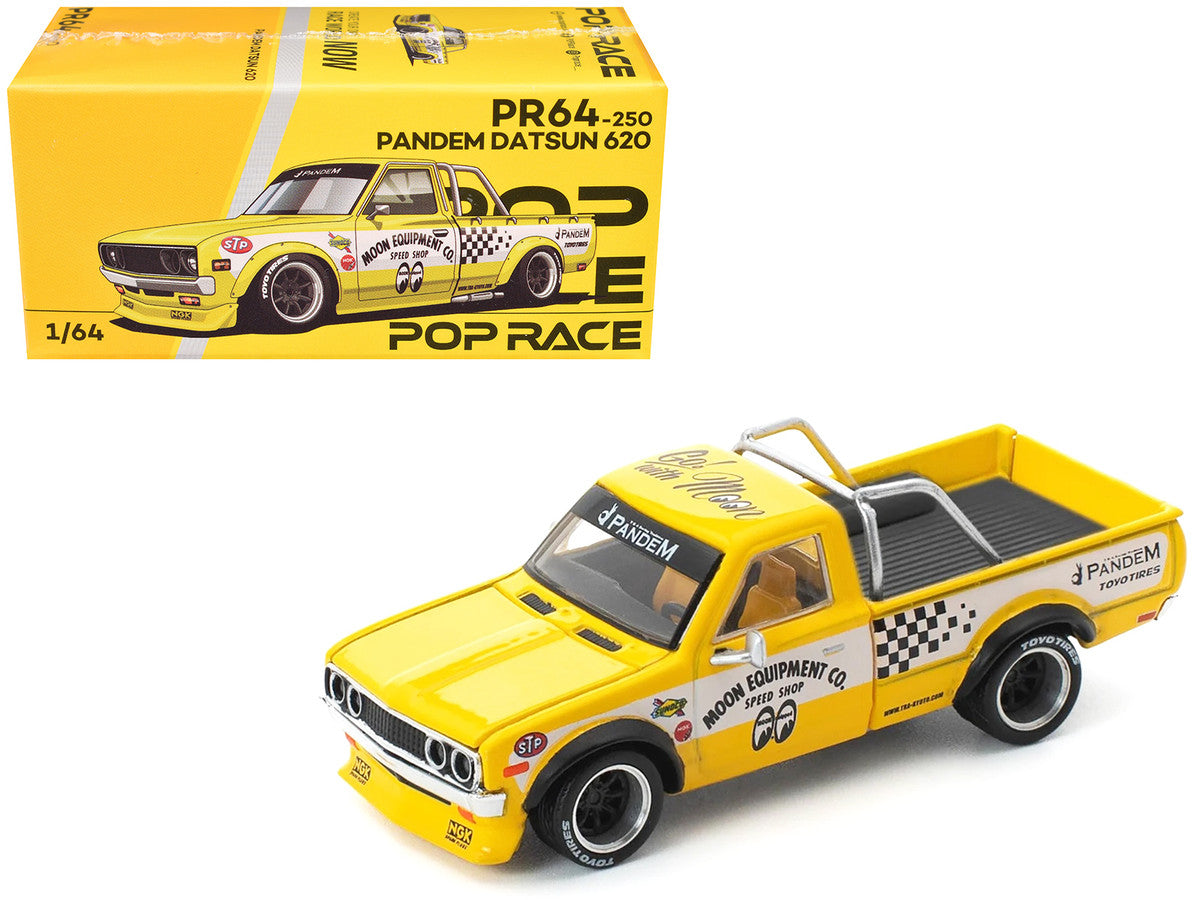 Datsun Pandem 620 Pickup Truck "MoonEyes" Yellow with White Sides and Graphics 1/64 Diecast Model Car by Pop Race by Pop Race