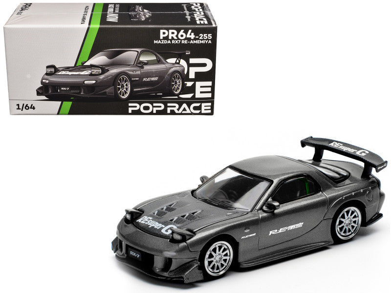 Mazda RX7 (FD) "RE Amemiya" Widebody RHD (Right Hand Drive) Gunmetal Gray Metallic with Carbon Hood 1/64 Diecast Model Car by Pop Race by Pop Race