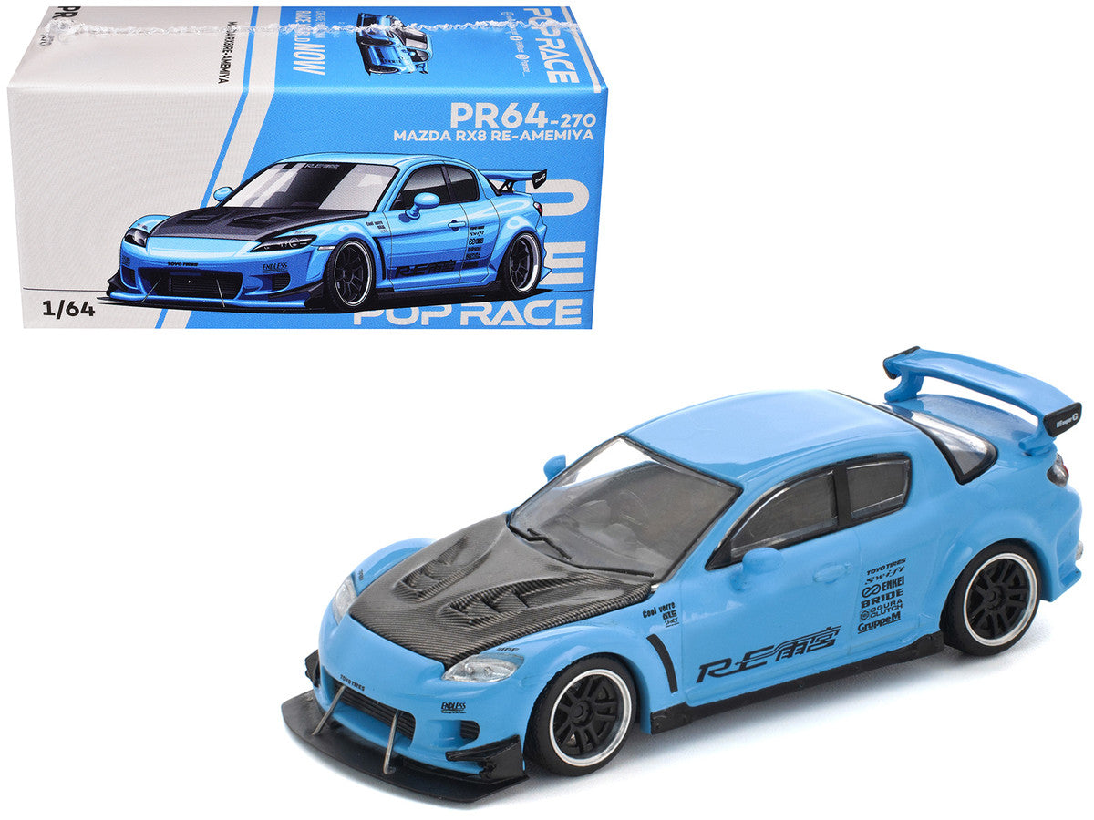 Mazda RX8 RE-Amemiya Widebody RHD (Right Hand Drive) Light Blue with Carbon Hood 1/64 Diecast Model Car by Pop Race by Pop Race