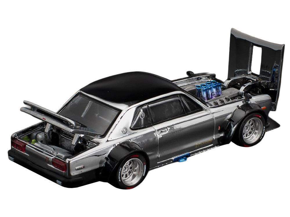Skyline GT-R V8 Drift "Hakosuka" RHD (Right Hand Drive) Silver Chrome with Black Hood and Top 1/64 Diecast Model Car by Pop Race by Pop Race