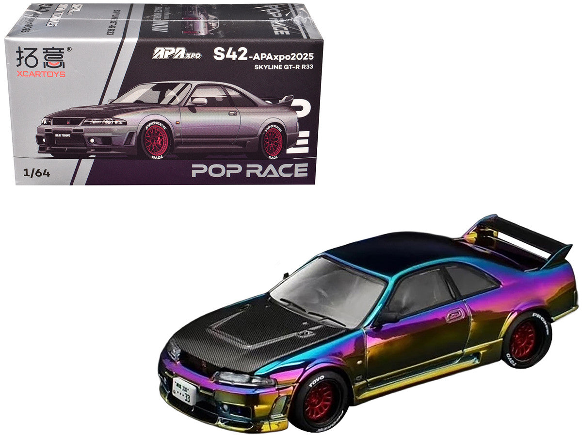 Skyline GT-R (R33) RHD (Right Hand Drive) Chameleon Chrome with Carbon Hood "APA XPO 2025 Exclusive" 1/64 Diecast Model Car by Pop Race by Pop Race