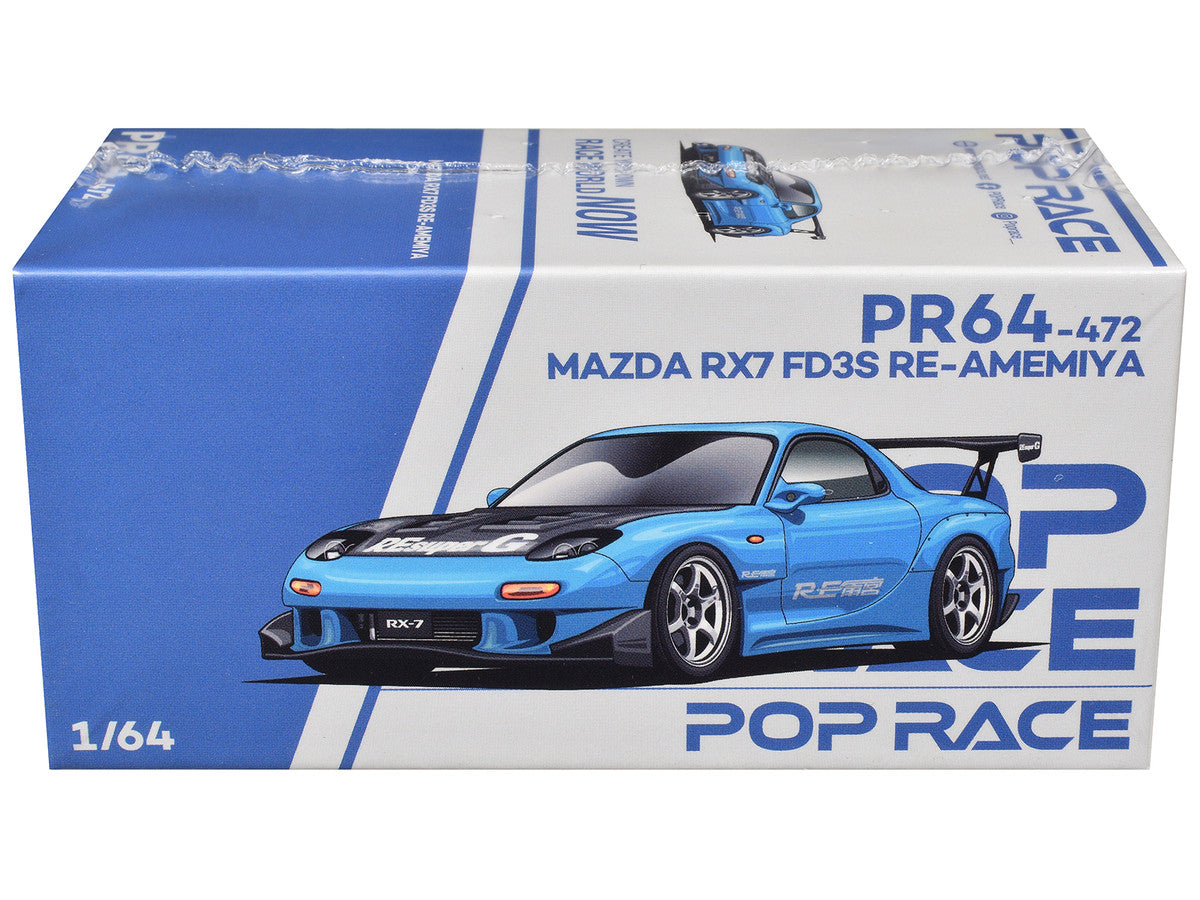 Mazda RX7 (FD3S) RE Amemiya RHD (Right Hand Drive) Light Blue with Carbon Hood "Tokyo Auto Salon 2026" 1/64 Diecast Model Car by Pop Race by Pop Race