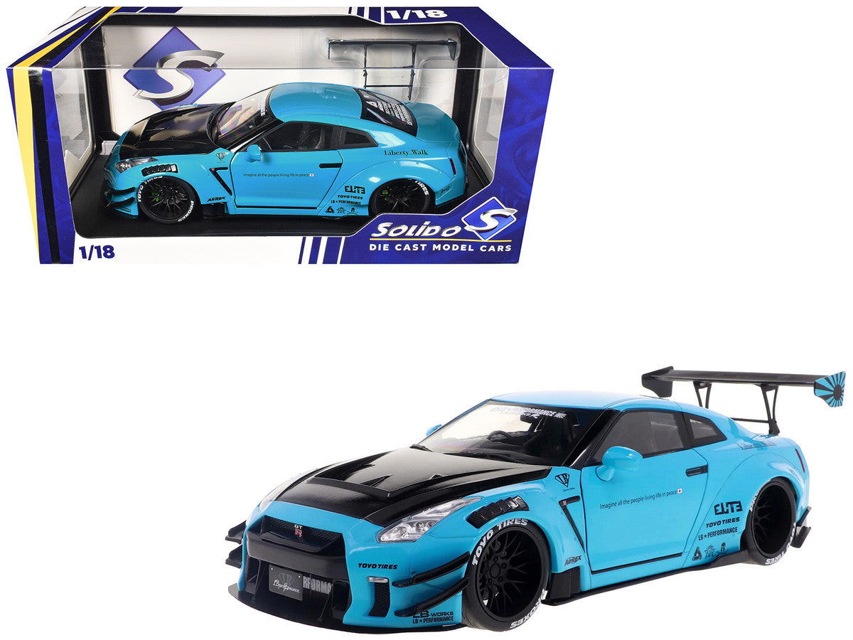 2023 Nissan GT-R (R35) Liberty Walk Body Kit 2.0 RHD (Right Hand Drive) Baby Blue with Carbon Hood 1/18 Diecast Model Car by Solido by Solido