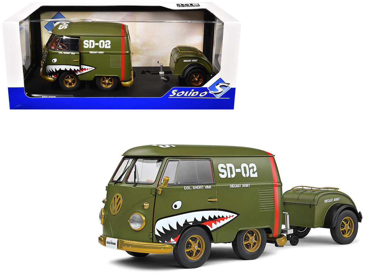 1950 Volkswagen Kool Kombi Van with Trailer "Army Fighter" Green with Graphics 1/18 Diecast Model Car by Solido by Solido