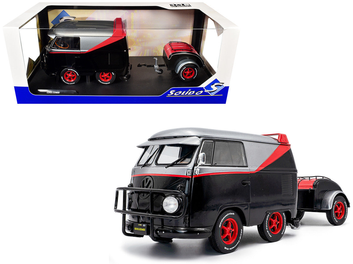 2024 Volkswagen Kool Kombi Sport Van with Trailer Black and Silver with Red Stripe 1/18 Diecast Model Car by Solido by Solido