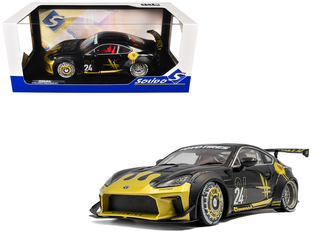 2024 Toyota GR86 Liberty Walk Body Kit RHD (Right Hand Drive) #24 Black with Gold Graphics 1/18 Diecast Model Car by Solido by Solido